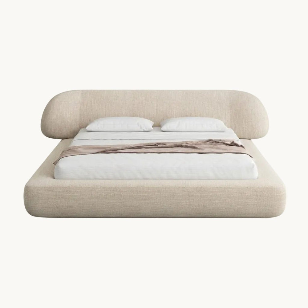 ACCRA Lit double en tissu beige et bois foncé 180x200 cm - AMIRELLI