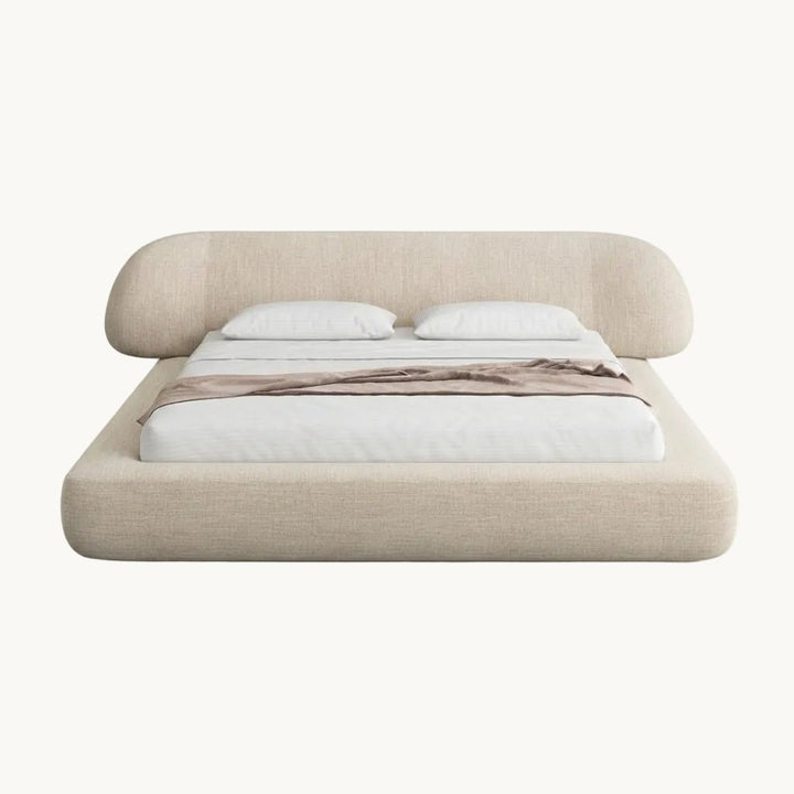 ACCRA Lit double en tissu beige et bois foncé 180x200 cm - AMIRELLI