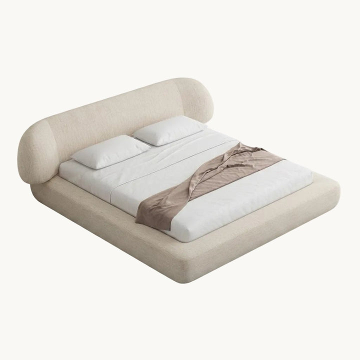 ACCRA Lit double en tissu beige et bois foncé 180x200 cm - AMIRELLI