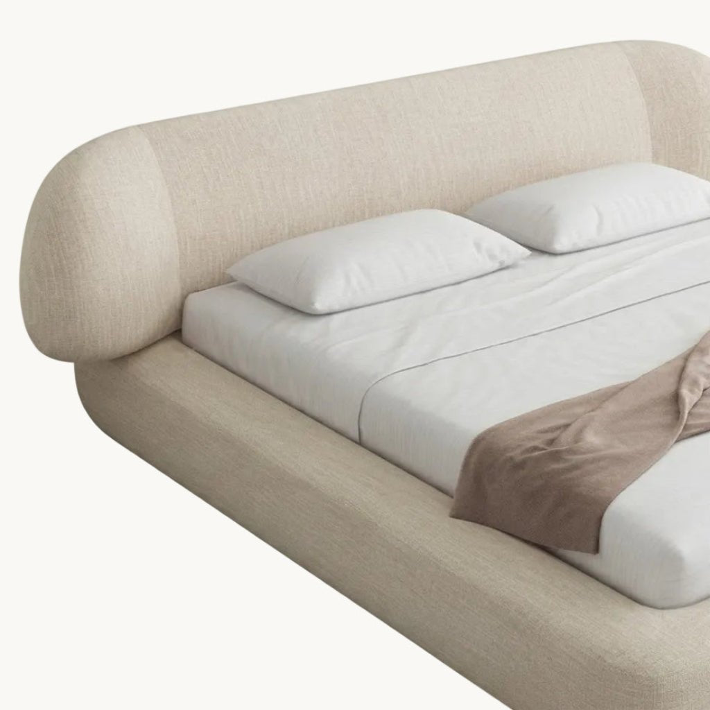 ACCRA Lit double en tissu beige et bois foncé 180x200 cm - AMIRELLI