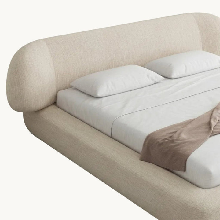 ACCRA Lit double en tissu beige et bois foncé 180x200 cm - AMIRELLI