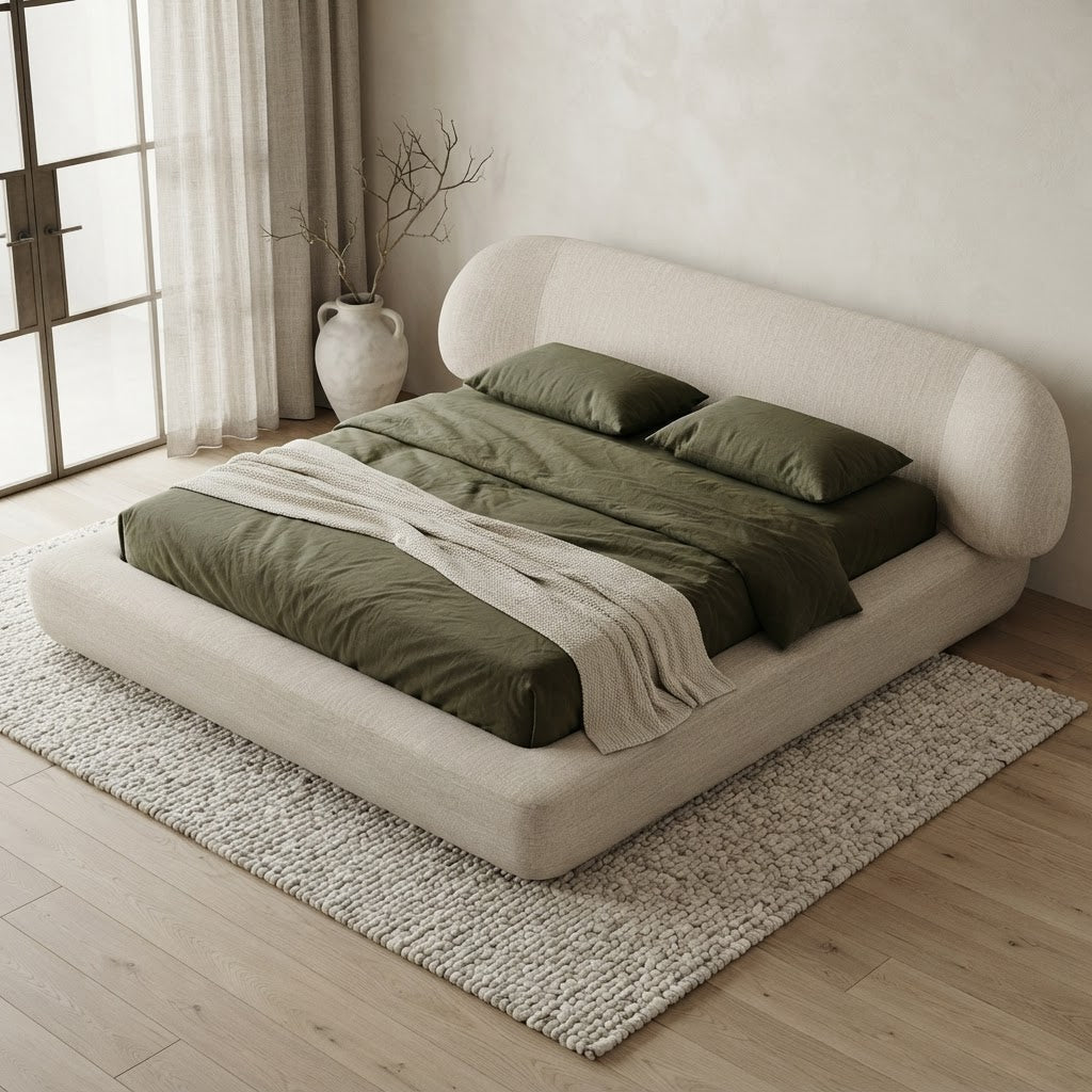 ACCRA Lit double en tissu beige et bois foncé 180x200 cm - AMIRELLI