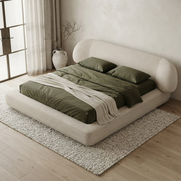 ACCRA Lit double en tissu beige et bois foncé 180x200 cm - AMIRELLI