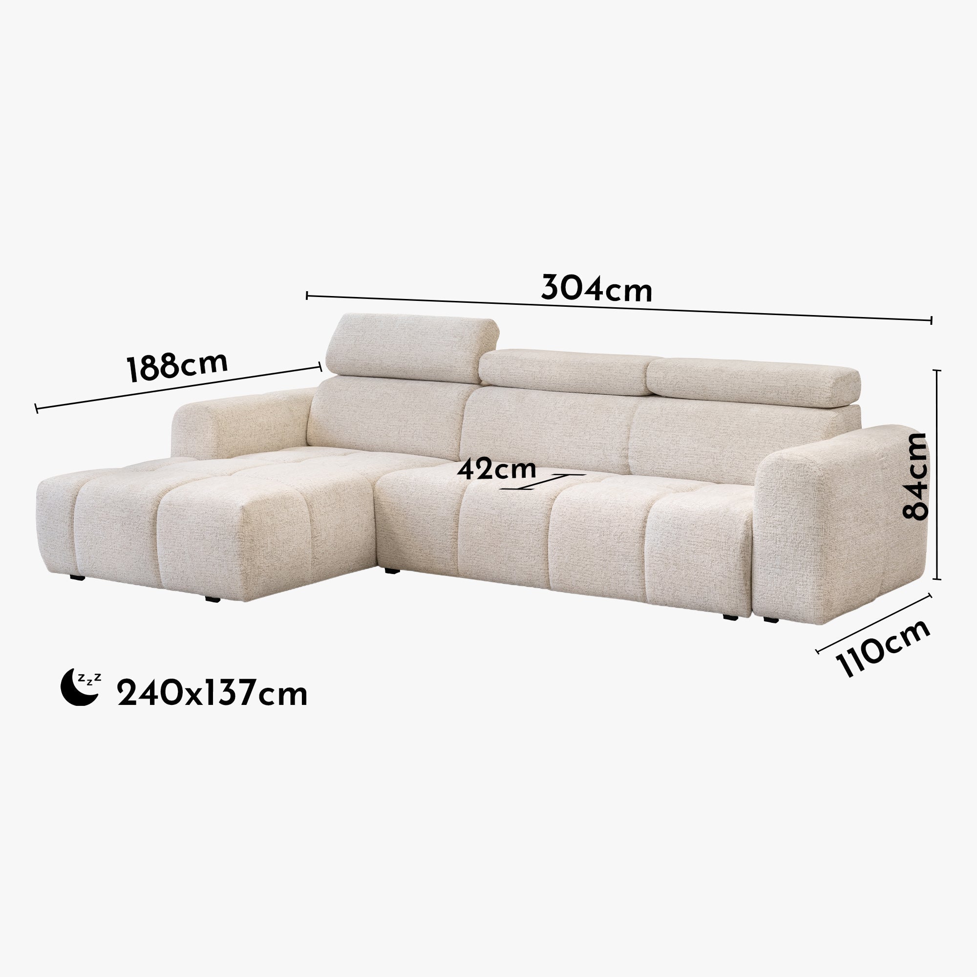 ALEXIA Canapé d'angle convertible avec têtières relevables en tissu beige - Angle gauche - AMIRELLI