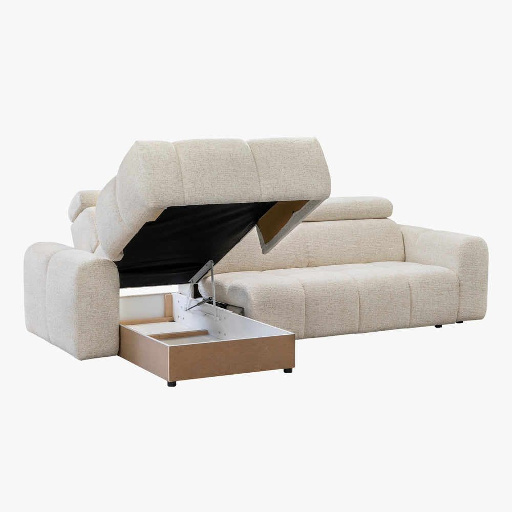 ALEXIA Canapé d'angle convertible avec têtières relevables en tissu beige - Angle gauche - AMIRELLI