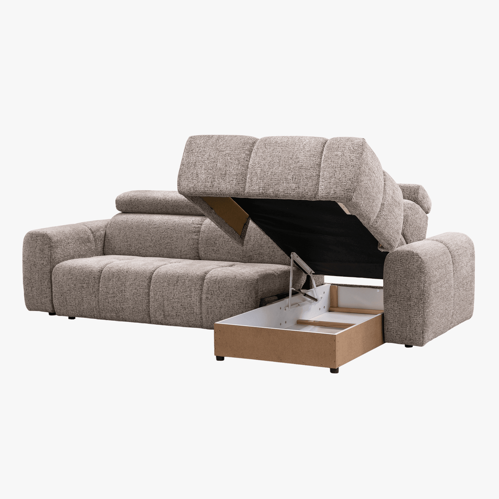 ALEXIA Canapé d'angle convertible avec têtières relevables en tissu taupe - Angle droit - AMIRELLI