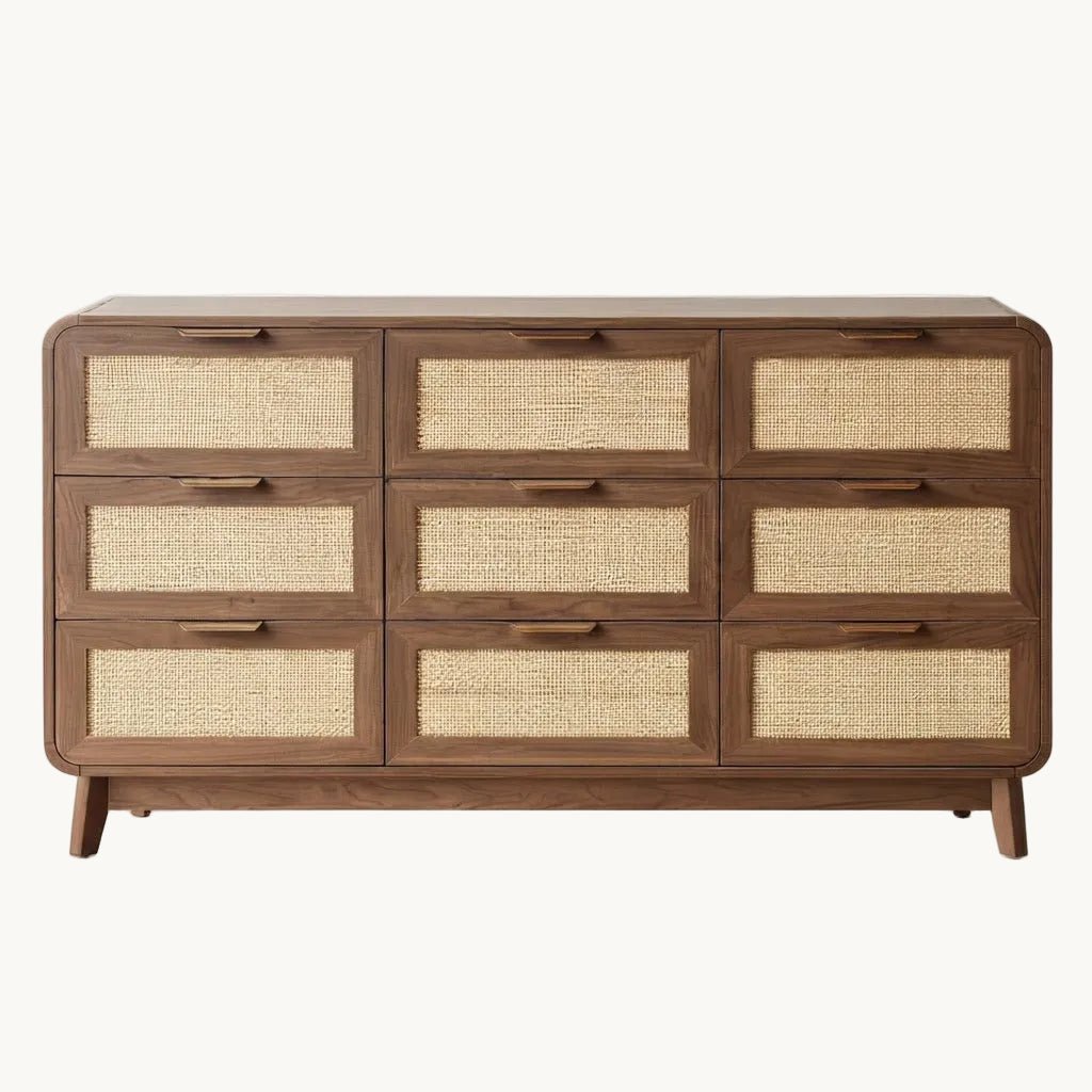 ASMARA – Commode 9 Tiroirs en Bois et Cannage - AMIRELLI