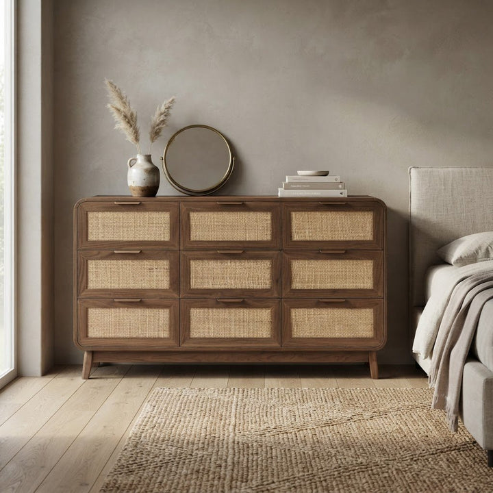 ASMARA – Commode 9 Tiroirs en Bois et Cannage - AMIRELLI