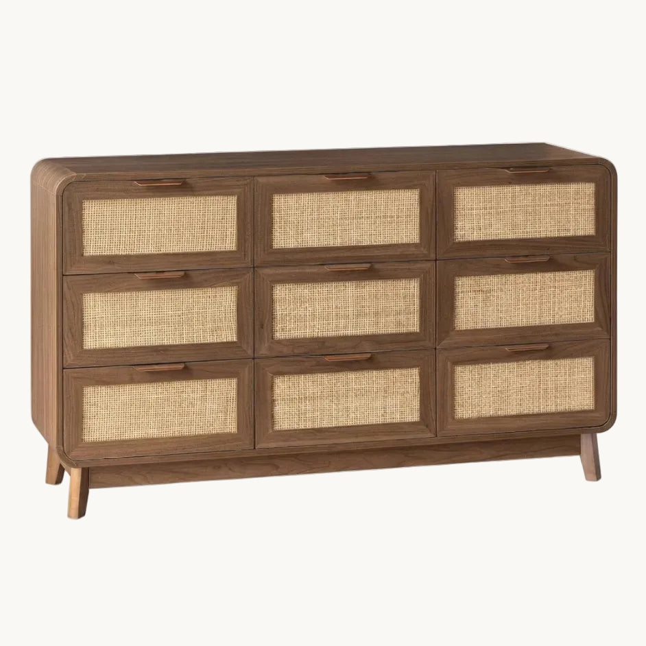 ASMARA – Commode 9 Tiroirs en Bois et Cannage - AMIRELLI