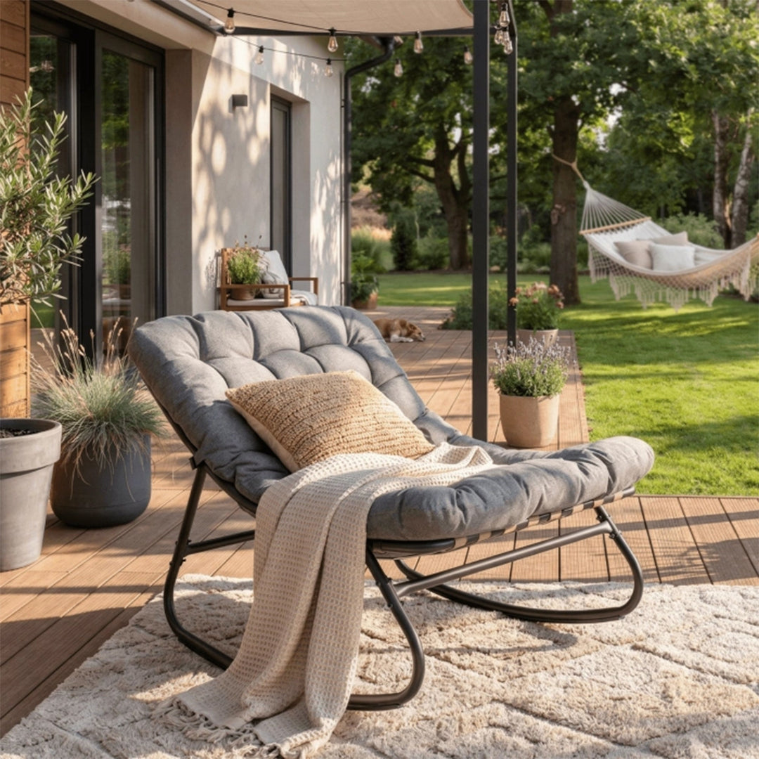 AURORA Fauteuil à bascule en tissu gris pieds en métal noir - AMIRELLI