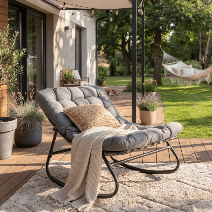 AURORA Fauteuil à bascule en tissu gris pieds en métal noir - AMIRELLI