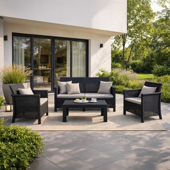BRENTA Ensemble de mobilier de jardin 4 places avec table noir - AMIRELLI