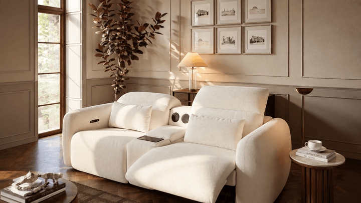 Canapé inclinable électrique bi-moteur en chenille 2 places de 259 cm avec console centrale multifonctionnelle - AMIRELLI