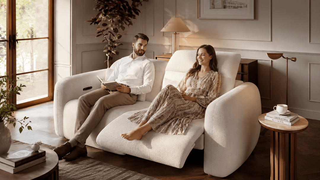 Canapé inclinable électrique bi-moteur en chenille 2 places de 259 cm avec console centrale multifonctionnelle - AMIRELLI