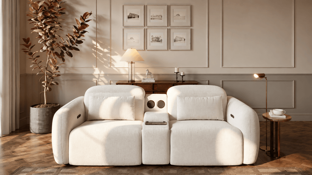 Canapé inclinable électrique bi-moteur en chenille 2 places de 259 cm avec console centrale multifonctionnelle - AMIRELLI