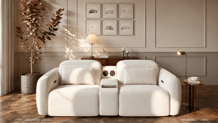 Canapé inclinable électrique bi-moteur en chenille 2 places de 259 cm avec console centrale multifonctionnelle - AMIRELLI