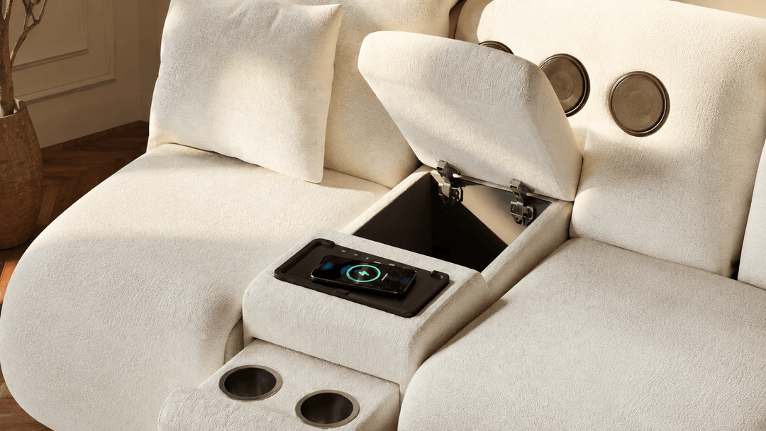 Canapé inclinable électrique bi-moteur en chenille 2 places de 259 cm avec console centrale multifonctionnelle - AMIRELLI