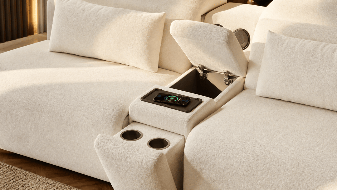 Canapé inclinable électrique bi-moteur en chenille 2 places de 259 cm avec console centrale multifonctionnelle - AMIRELLI