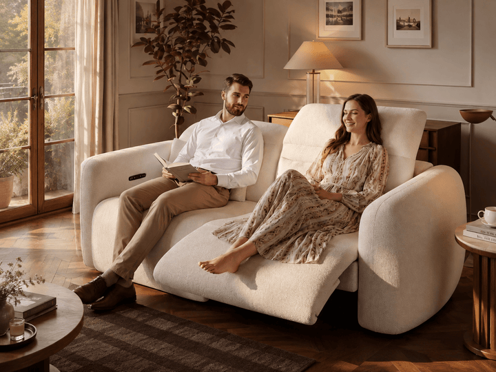 Canapé inclinable électrique zéro gravité en chenille 226 cm 2 places avec oreillers et port USB - AMIRELLI