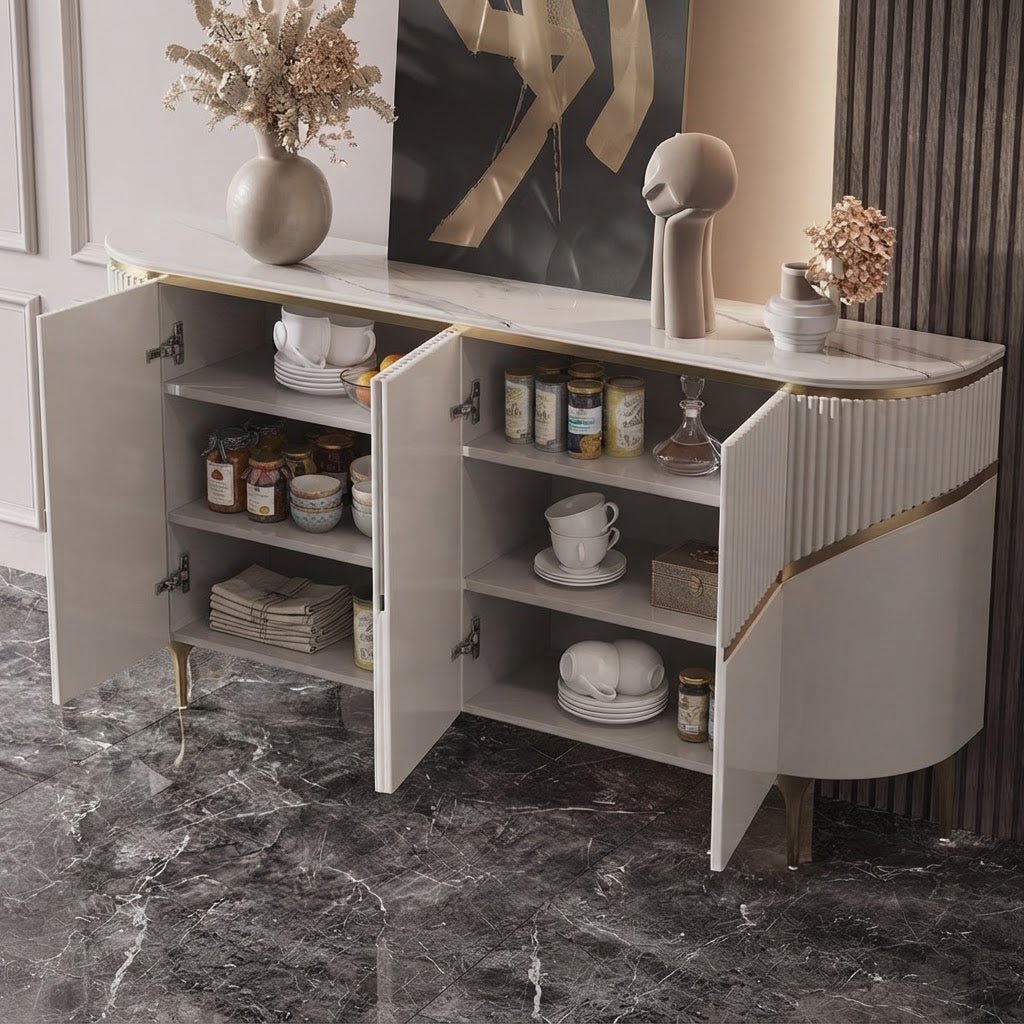 DALIAN – Buffet Design 4 Portes Blanc &amp; Doré - AMIRELLI