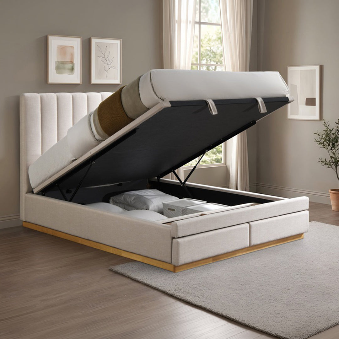DANIEL Lit double en tissu beige avec coffre et 2 tiroirs 140x190 cm - AMIRELLI