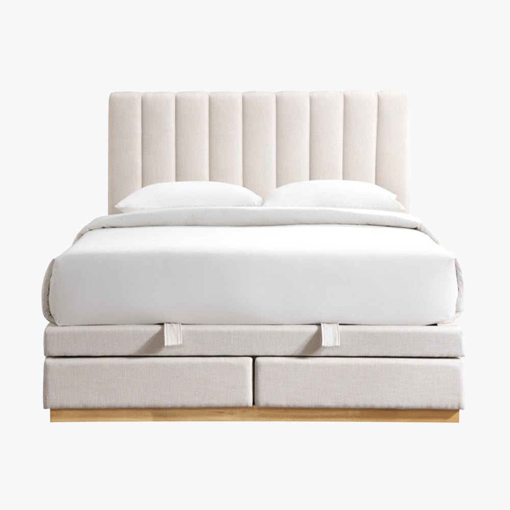 DANIEL Lit double en tissu beige avec coffre et 2 tiroirs 140x190 cm - AMIRELLI