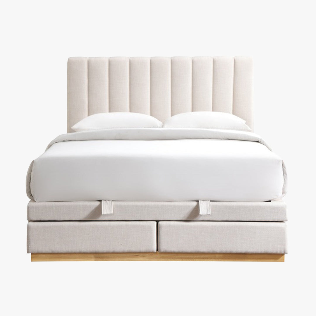DANIEL Lit double en tissu beige avec coffre et 2 tiroirs 140x190 cm - AMIRELLI