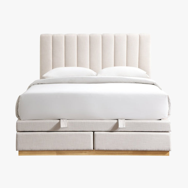 DANIEL Lit double en tissu beige avec coffre et 2 tiroirs 140x190 cm - AMIRELLI