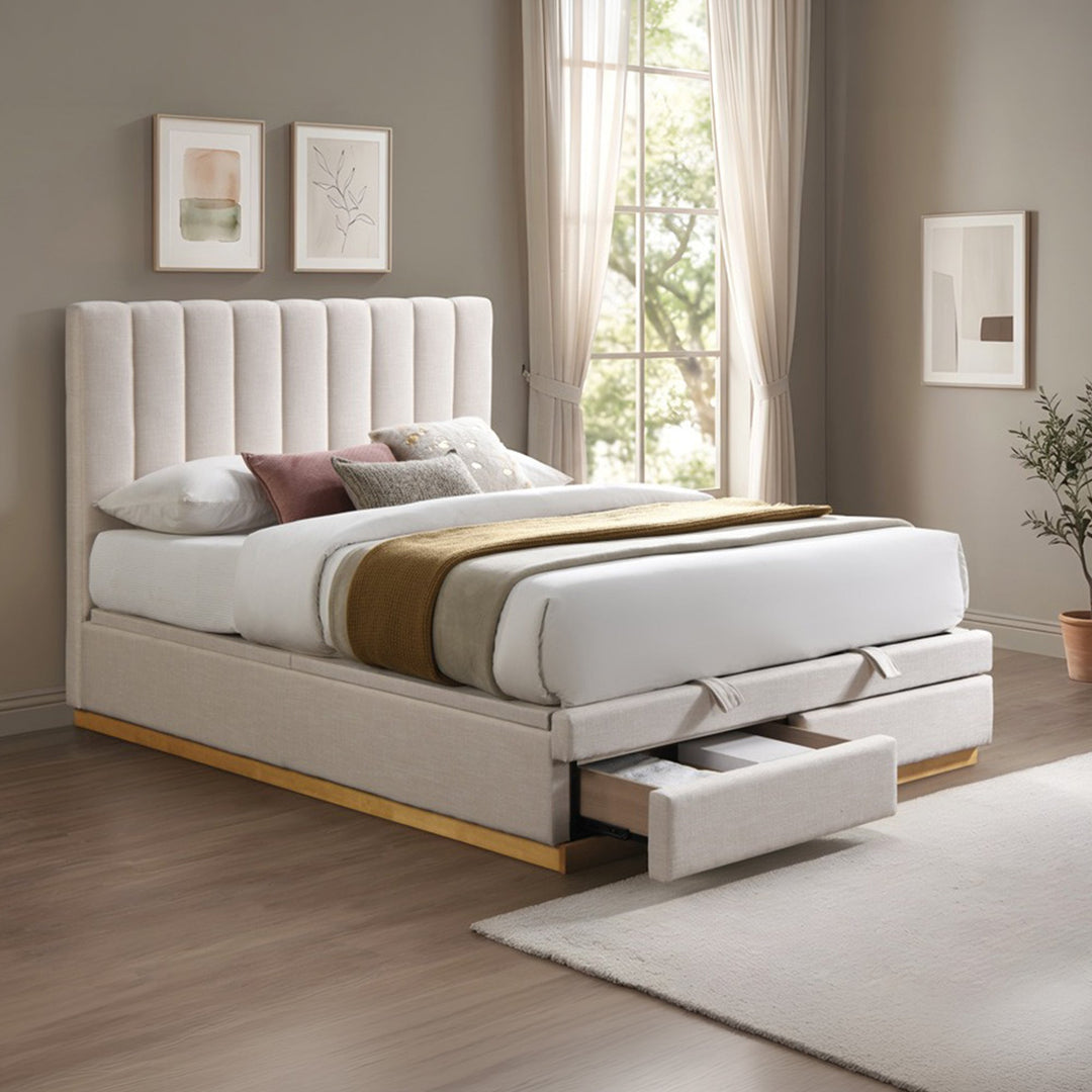 DANIEL Lit double en tissu beige avec coffre et 2 tiroirs 140x190 cm - AMIRELLI