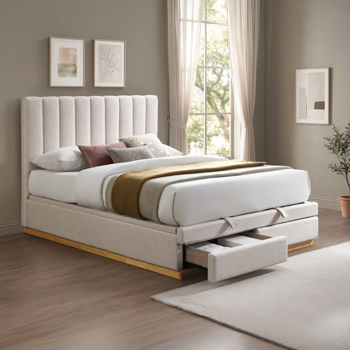 DANIEL Lit double en tissu beige avec coffre et 2 tiroirs 140x190 cm - AMIRELLI