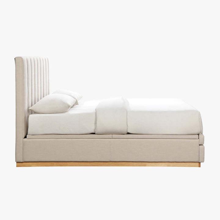 DANIEL Lit double en tissu beige avec coffre et 2 tiroirs 140x190 cm - AMIRELLI
