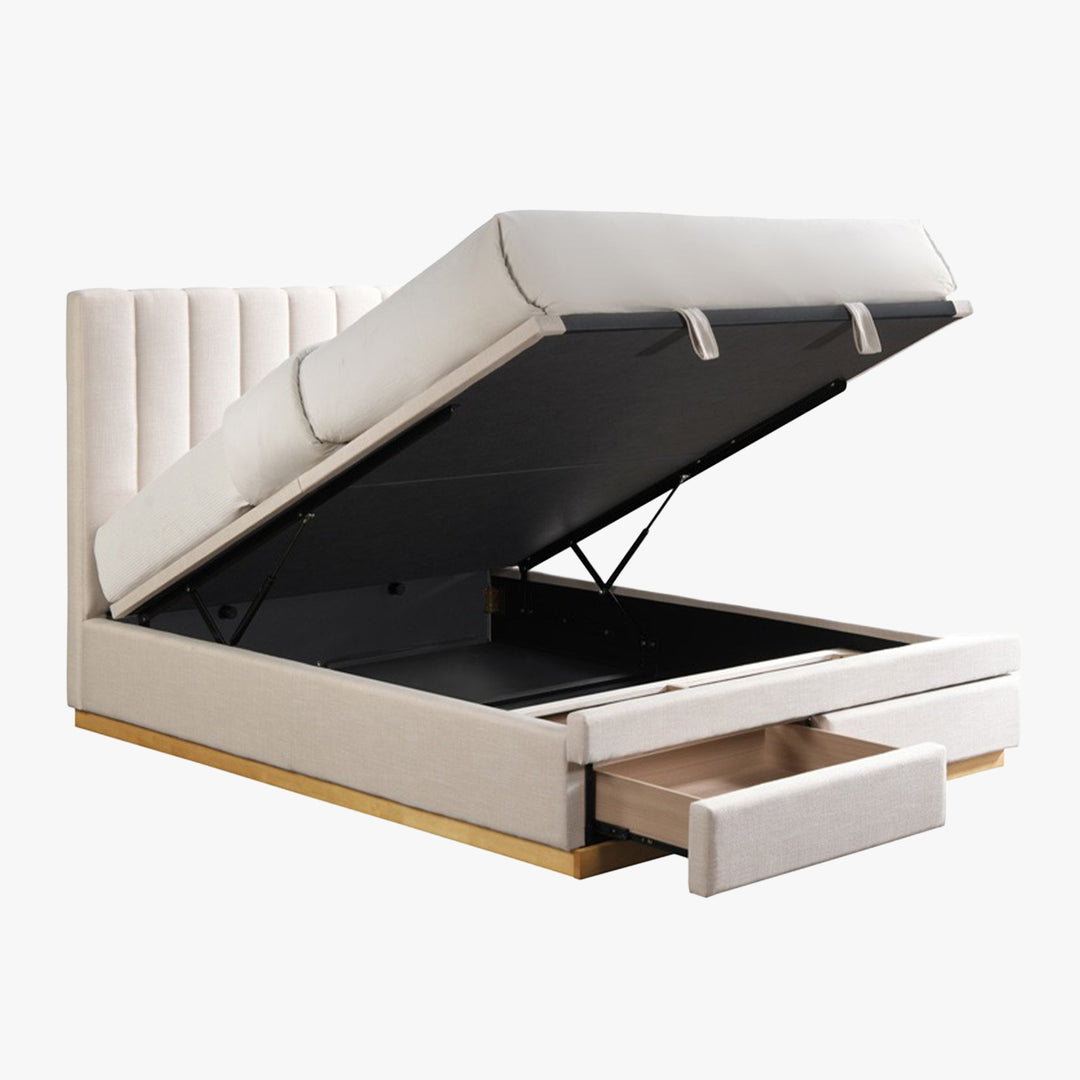 DANIEL Lit double en tissu beige avec coffre et 2 tiroirs 140x190 cm - AMIRELLI
