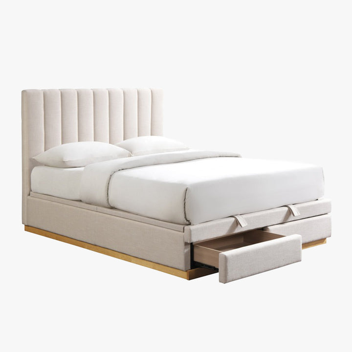 DANIEL Lit double en tissu beige avec coffre et 2 tiroirs 140x190 cm - AMIRELLI