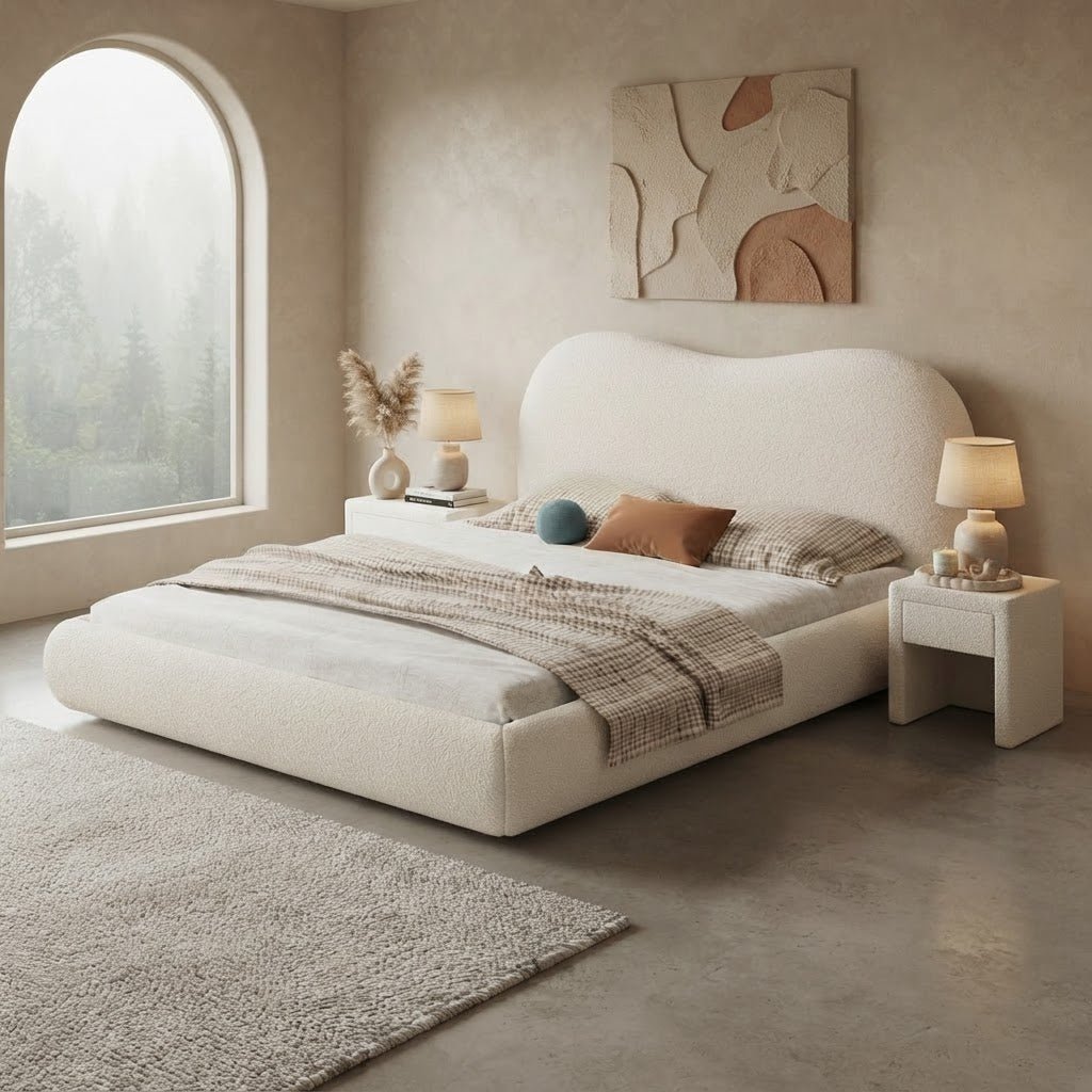 HAVANA Lit double en tissu beige et bois foncé 180x200 cm - AMIRELLI