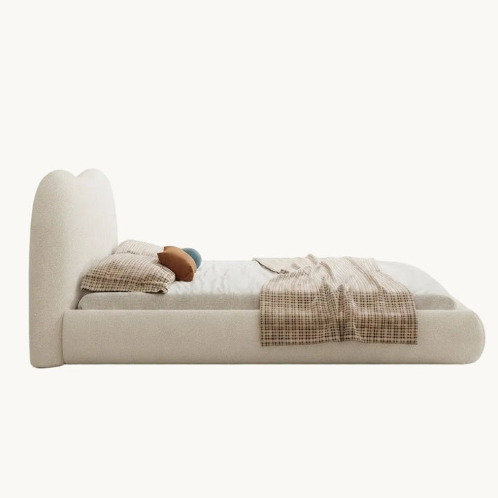 HAVANA Lit double en tissu beige et bois foncé 180x200 cm - AMIRELLI