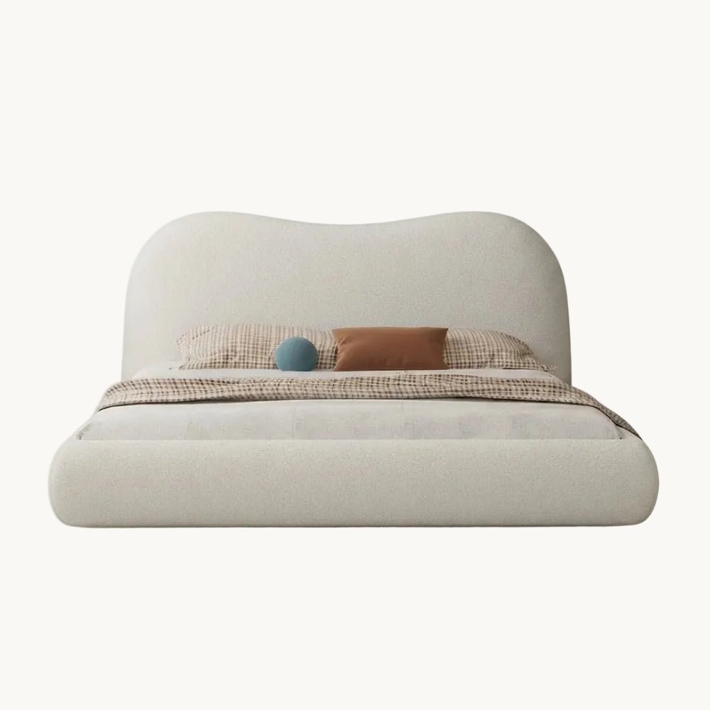 HAVANA Lit double en tissu beige et bois foncé 180x200 cm - AMIRELLI