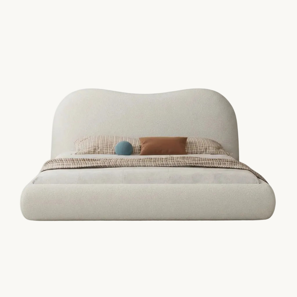 HAVANA Lit double en tissu beige et bois foncé 180x200 cm - AMIRELLI