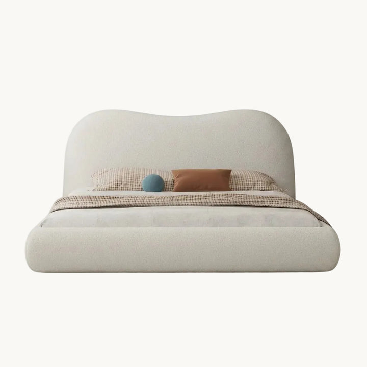 HAVANA Lit double en tissu beige et bois foncé 180x200 cm - AMIRELLI