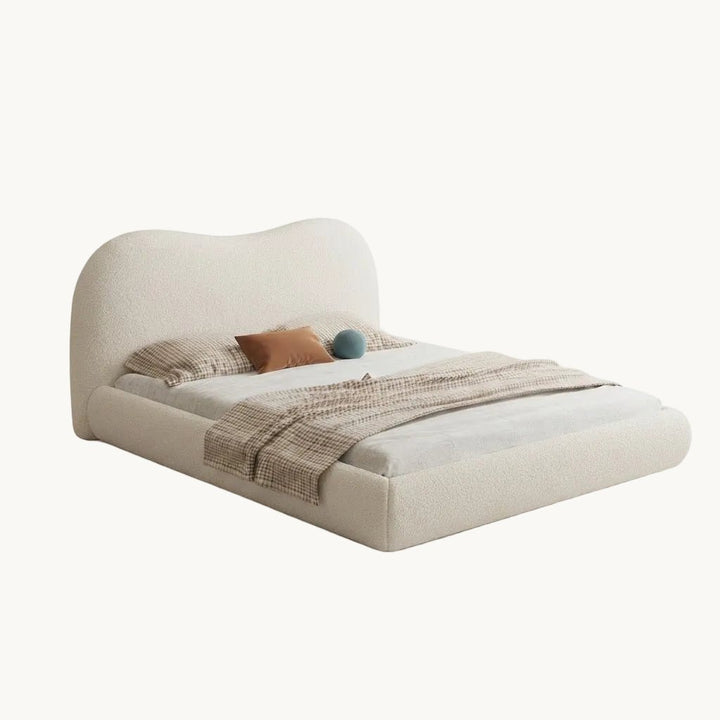 HAVANA Lit double en tissu beige et bois foncé 180x200 cm - AMIRELLI
