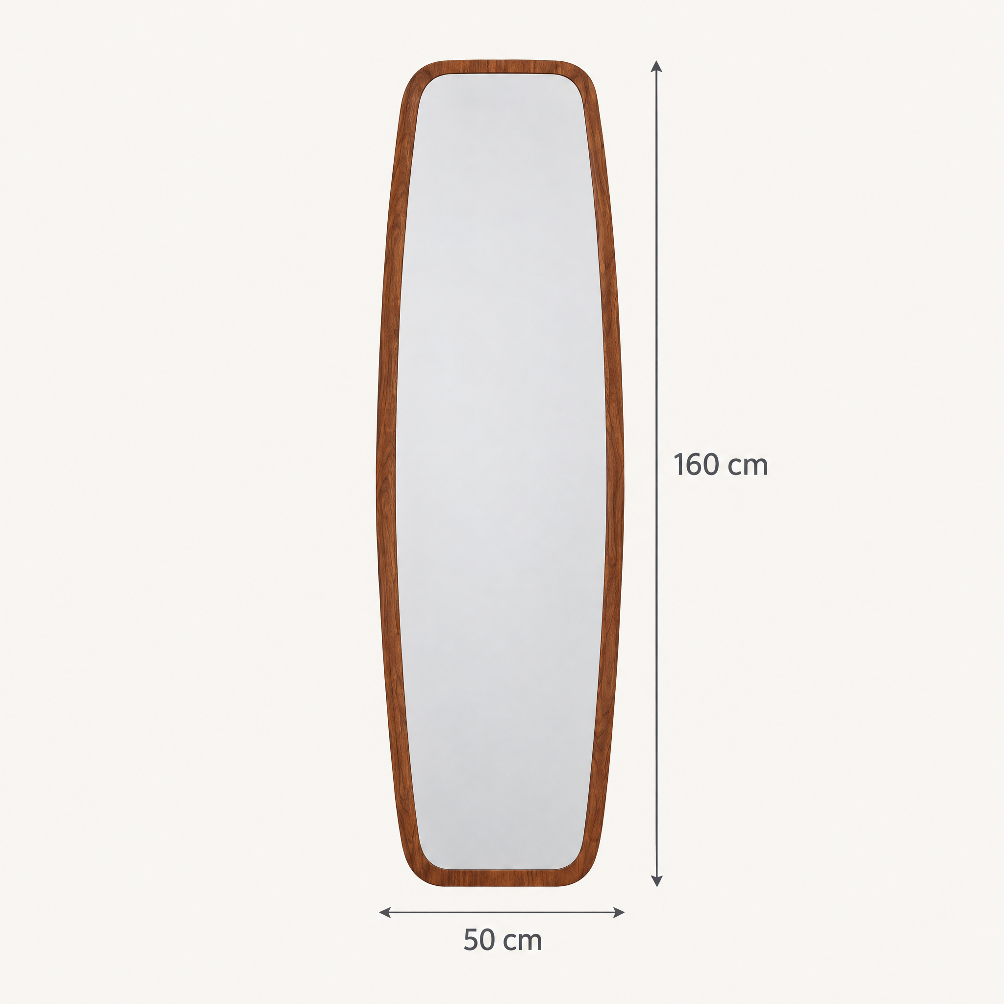 JESI – Miroir sur pied en forme de vase, bois noyer – fond #FAF8F5, schéma des dimensions