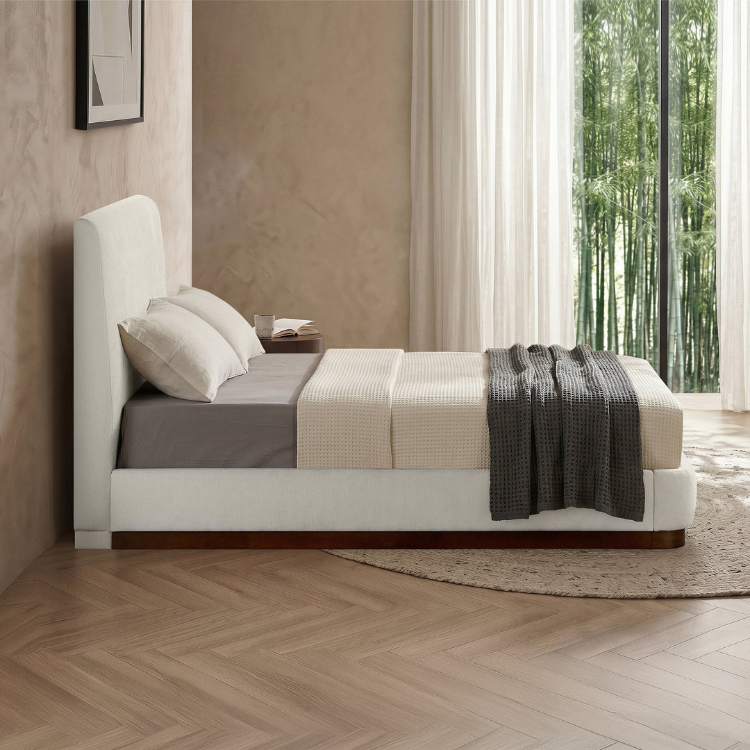JODIE Lit double en tissu beige et bois foncé 140x190 cm - AMIRELLI