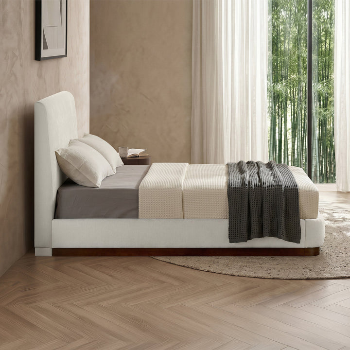 JODIE Lit double en tissu beige et bois foncé 140x190 cm - AMIRELLI
