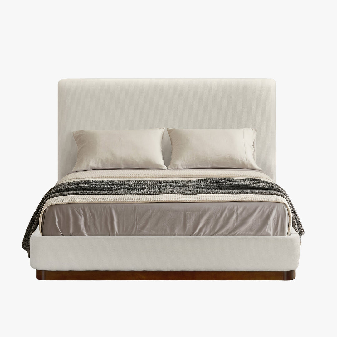 JODIE Lit double en tissu beige et bois foncé 140x190 cm - AMIRELLI
