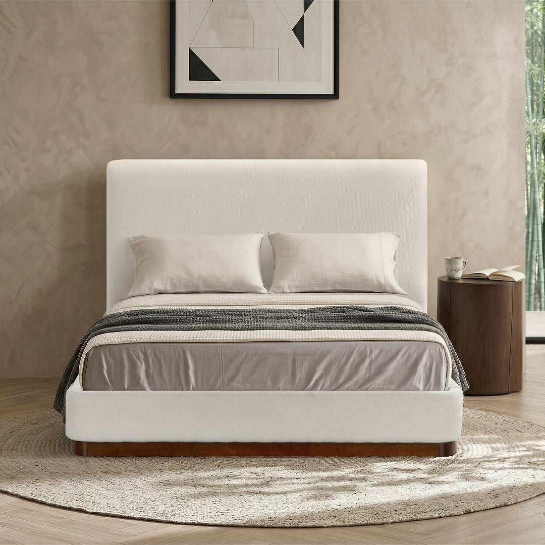 JODIE Lit double en tissu beige et bois foncé 140x190 cm - AMIRELLI