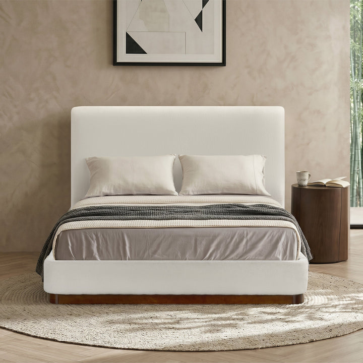 JODIE Lit double en tissu beige et bois foncé 140x190 cm - AMIRELLI