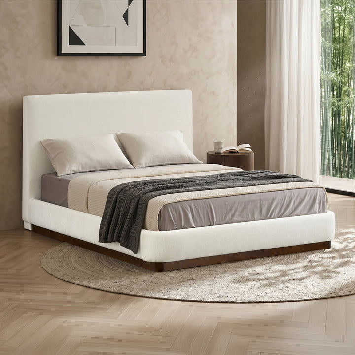 JODIE Lit double en tissu beige et bois foncé 140x190 cm - AMIRELLI