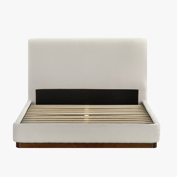 JODIE Lit double en tissu beige et bois foncé 140x190 cm - AMIRELLI