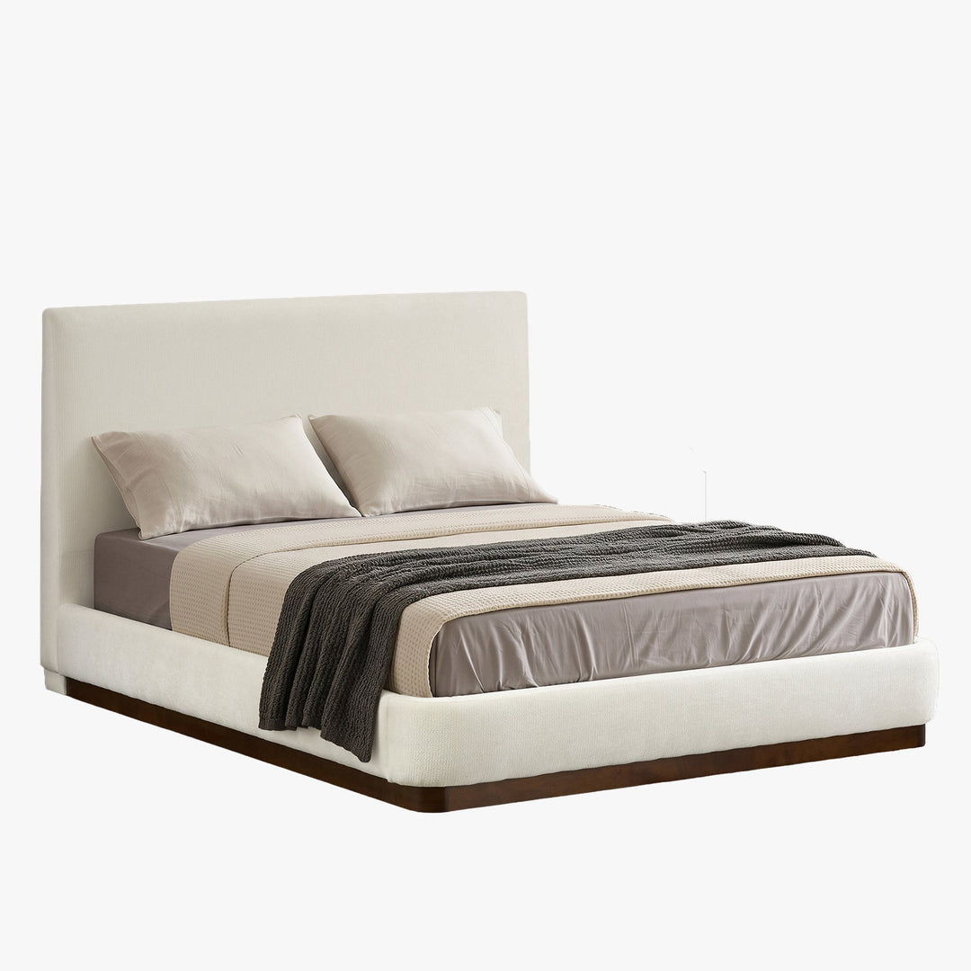 JODIE Lit double en tissu beige et bois foncé 140x190 cm - AMIRELLI