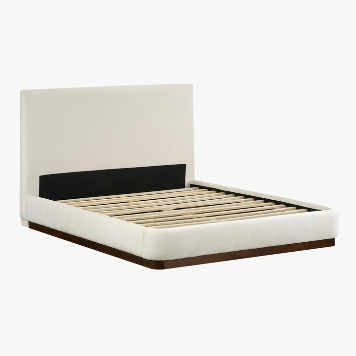JODIE Lit double en tissu beige et bois foncé 140x190 cm - AMIRELLI