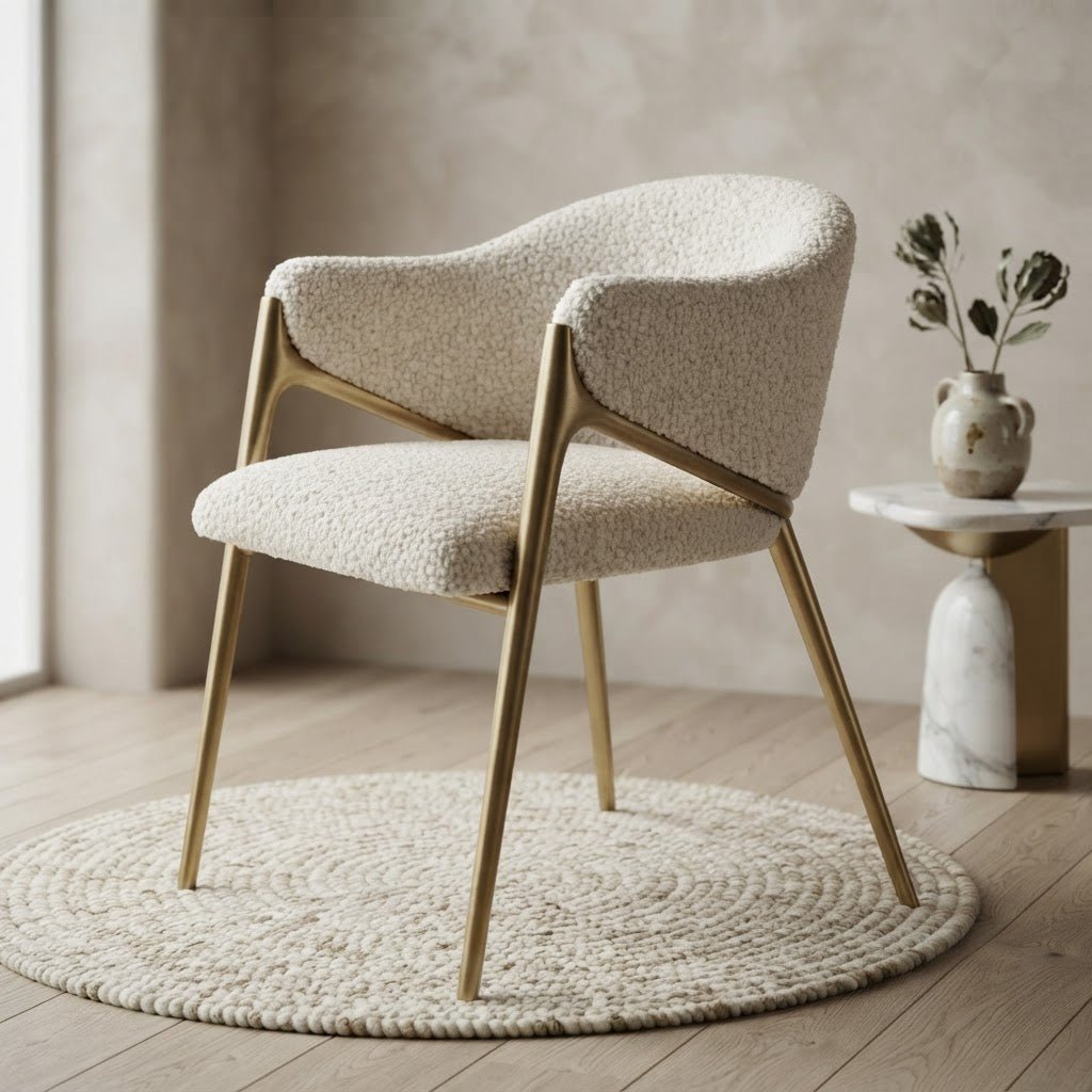 KANO – Fauteuil Design Bouclette &amp; Métal Doré - AMIRELLI